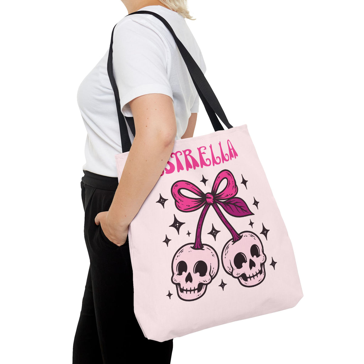 Personalized 'Creepy and Adorable' Pink Skull Cherries Tote Bag - Custom Trick-or-Treat Keepsake