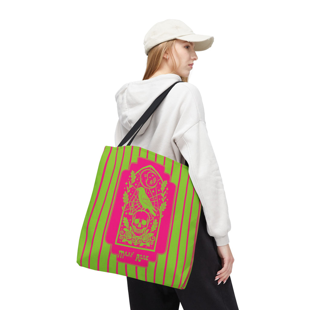 Neon Gothic Raven and Skull Tote Bag - Personalizable Pink and Green Retro Goth Carryall