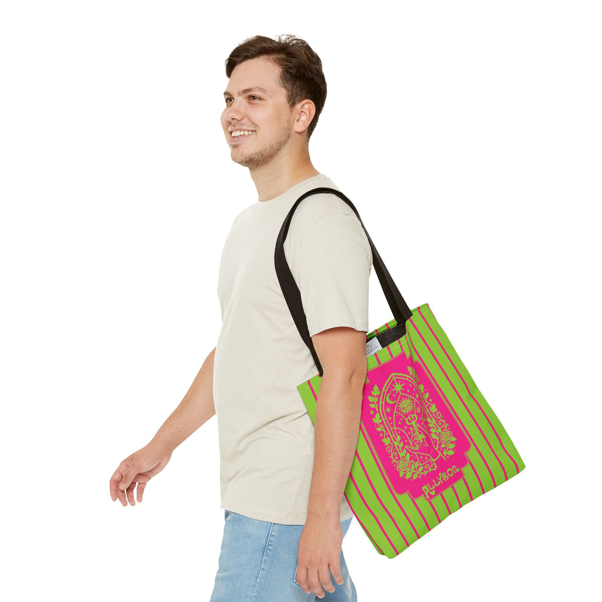 Personalizable Mystic Hand Neon Key Tote Bag -Retro Pink and Lime All-Over Print