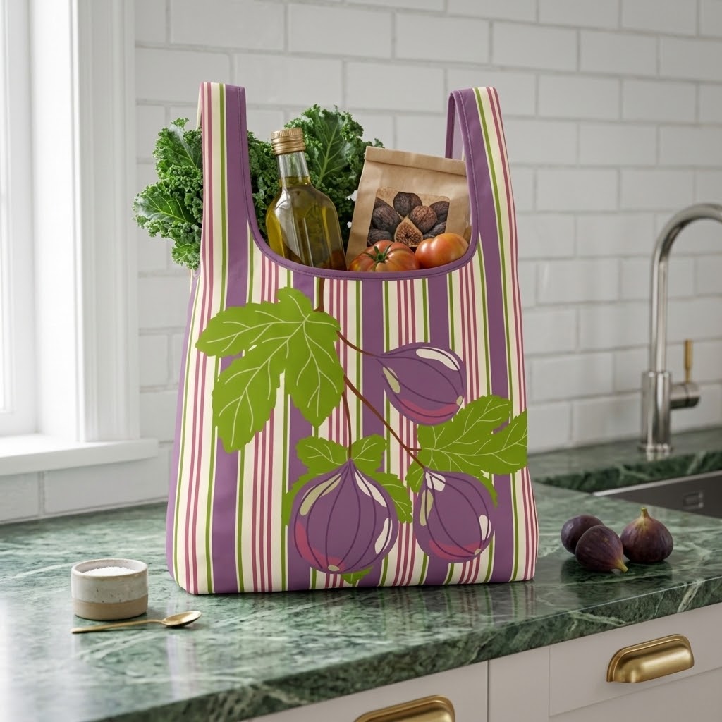 A reusable striped shopping bag with purple fig illustrations and green leaves, filled with groceries including a bottle, greens, and a bag of nuts, set on a green marble kitchen countertop.