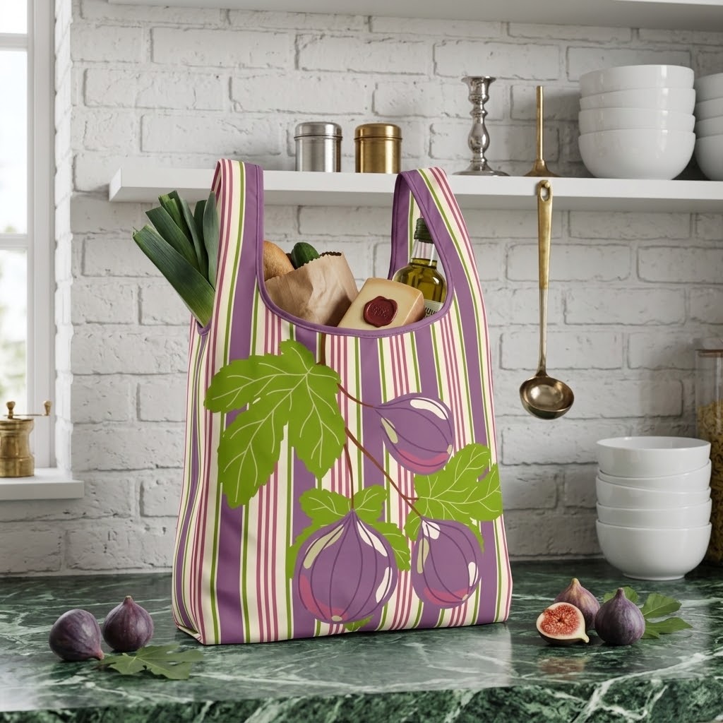 A reusable tote bag with a purple and pink striped pattern and a large green fig illustration, filled with groceries and placed on a green marble countertop in a kitchen setting.