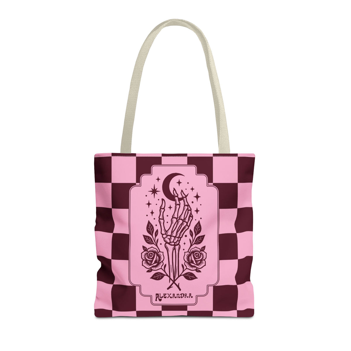 Personalizable Pink Checker Skeletal Hand Tote Bag — Gothic Moon and Roses Carryall