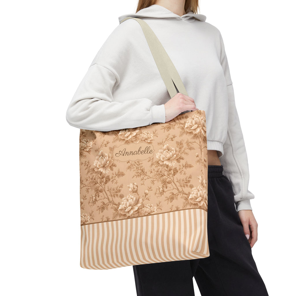 Personalizable Vintage Floral Tote - Sepia Toile Striped Bag