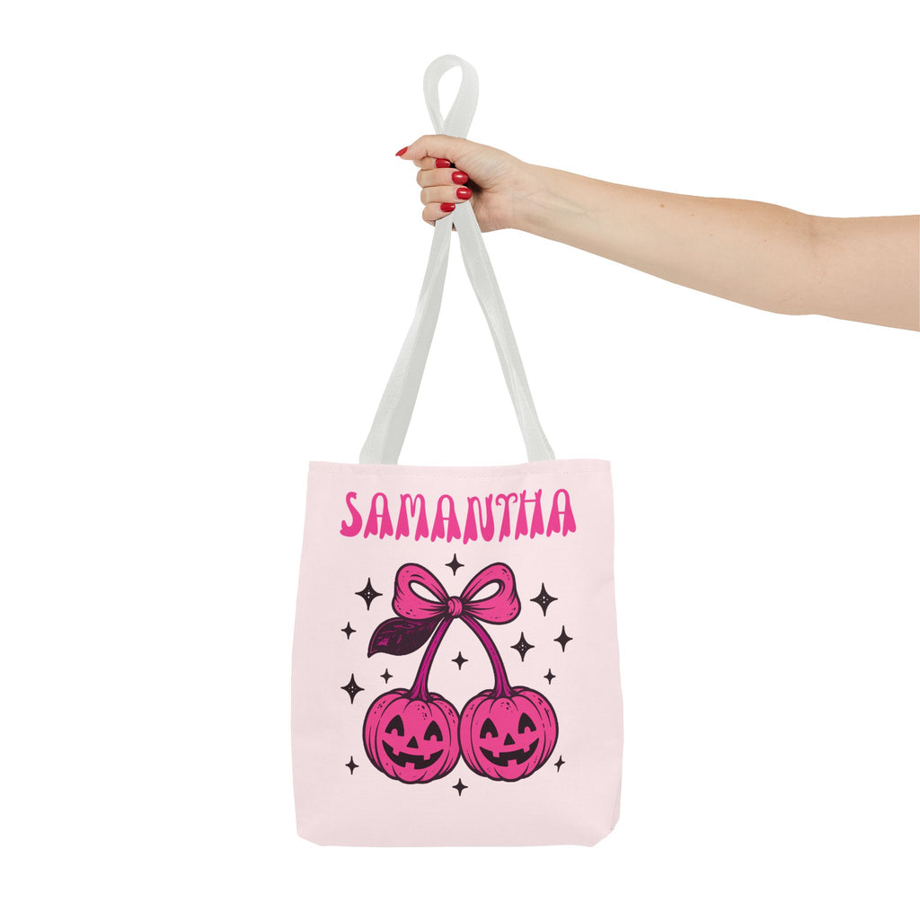 Personalized Halloween Tote - Pink Pumpkin Cherries "So Cute It's Spooky" Trick or Treat Bag