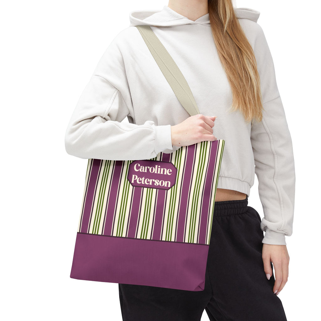 Personalizable Striped Tote Bag - Colorful Green and Purple Stripe Carryall