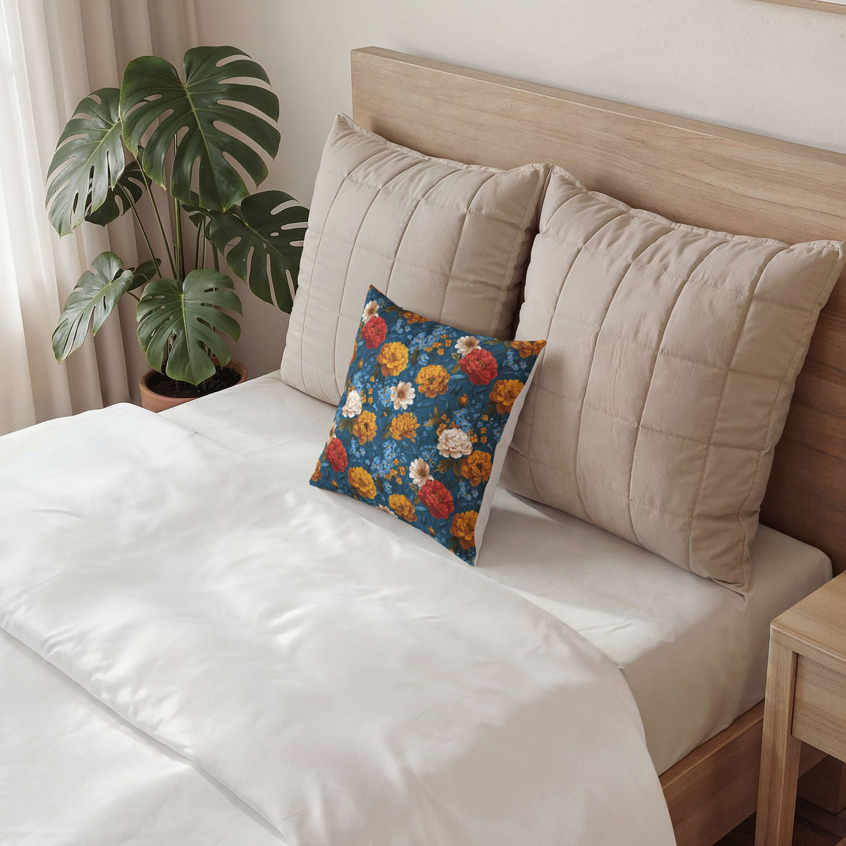 Velvet Floral Pillow - Vivid Blue Vintage Garden Decorative Pillow
