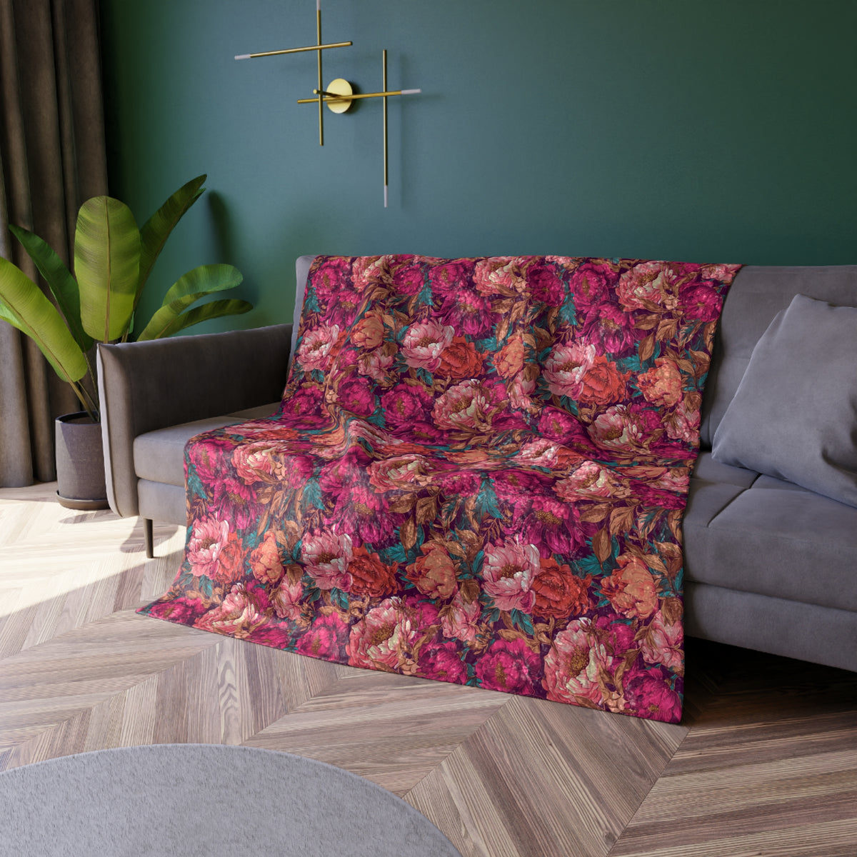 Vivid Magenta Peony Maximalist Crushed Velvet Floral Blanket