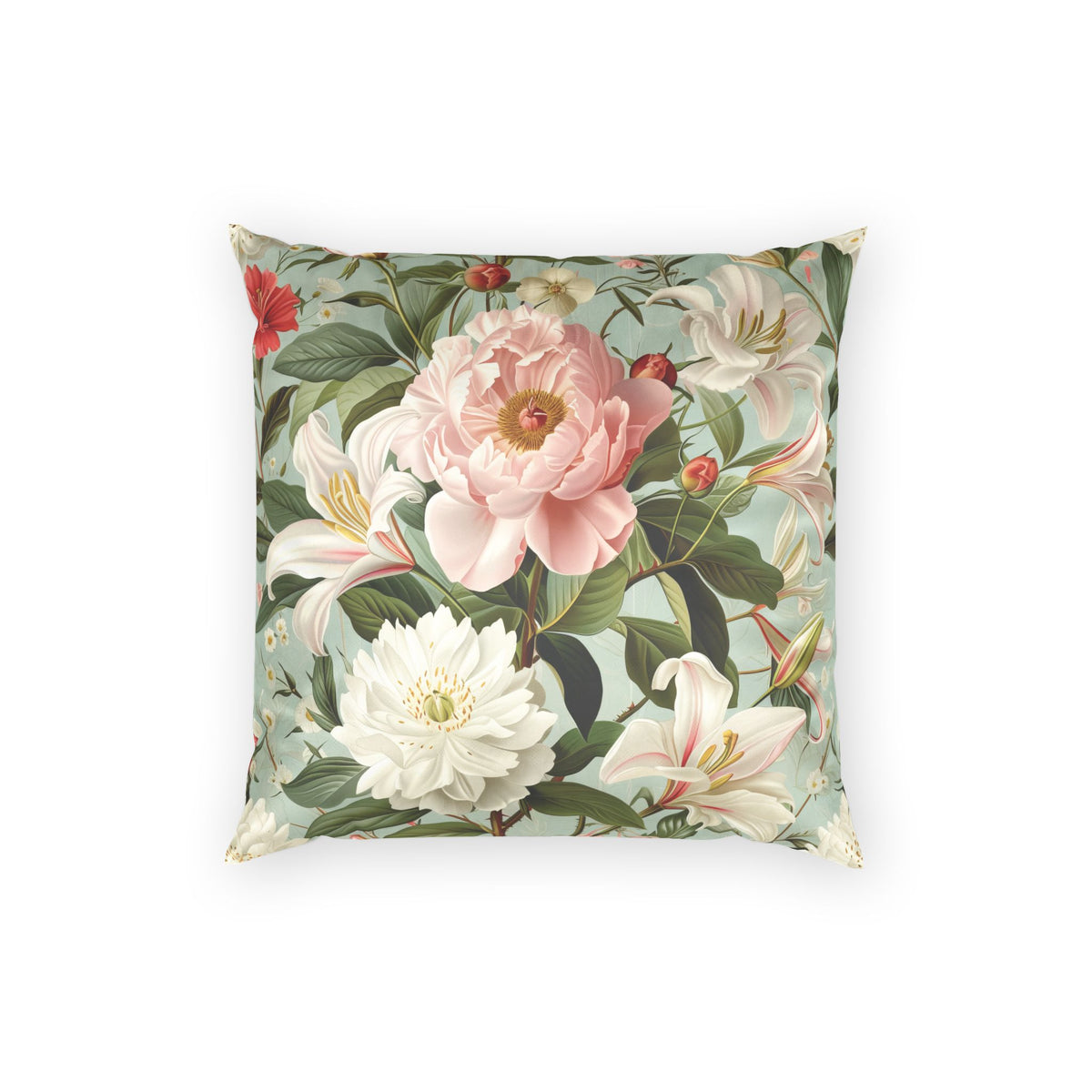 Decorative Velvet Pillow - Elegant Vintage Floral on Green Throw Pillow