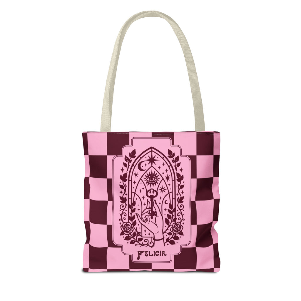Personalizable Mystic Hand with Key Checkerboard Tote Bag – Pink and Burgundy Retro Goth Carryall