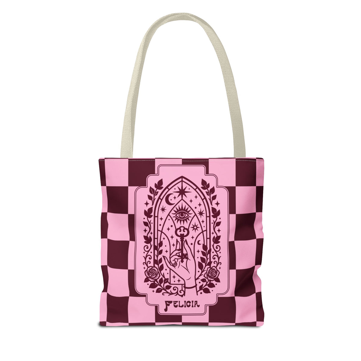 Personalizable Mystic Hand with Key Checkerboard Tote Bag – Pink and Burgundy Retro Goth Carryall