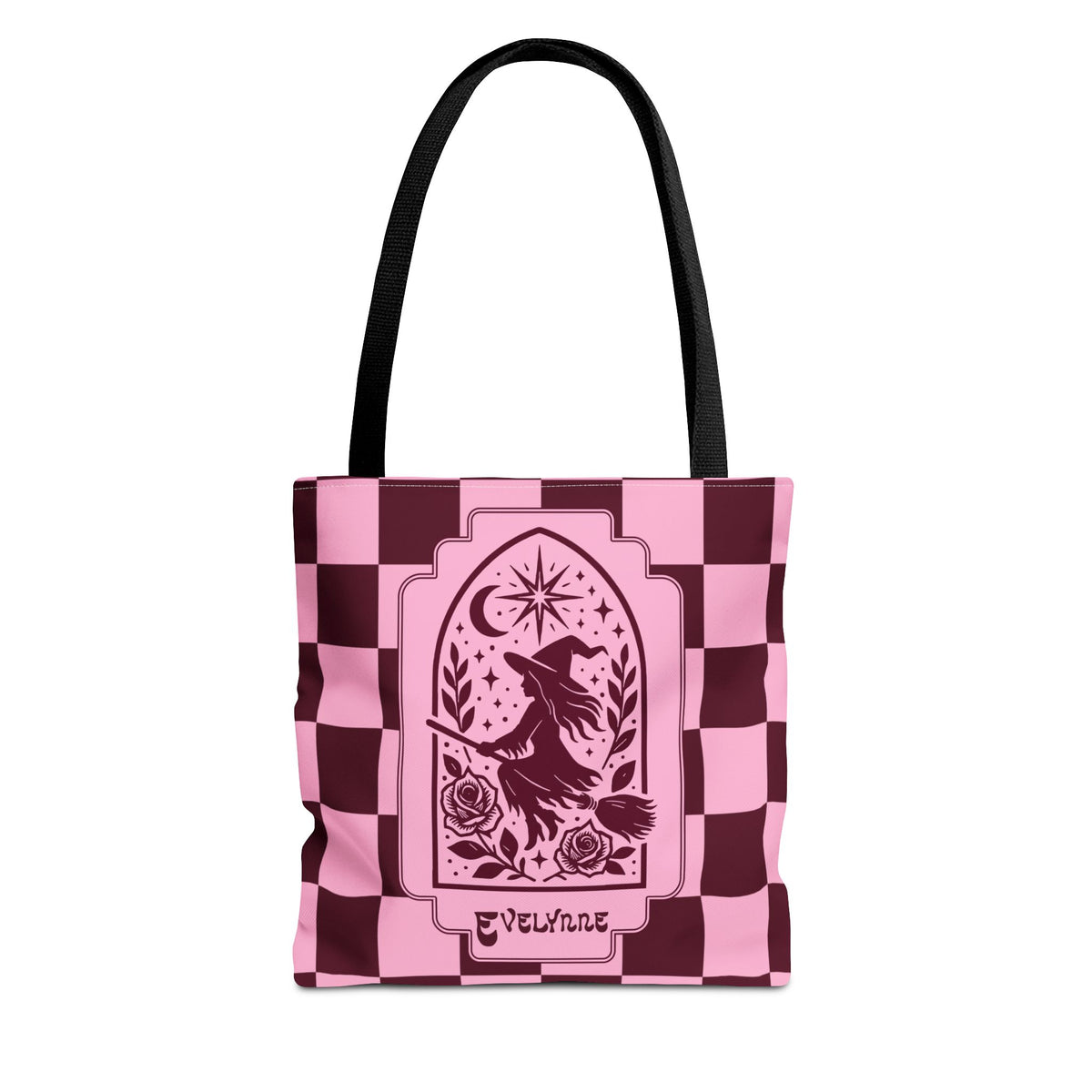 Pink and Burgundy Witch Silhouette Tote Bag - Personalizable Retro Goth Carryall