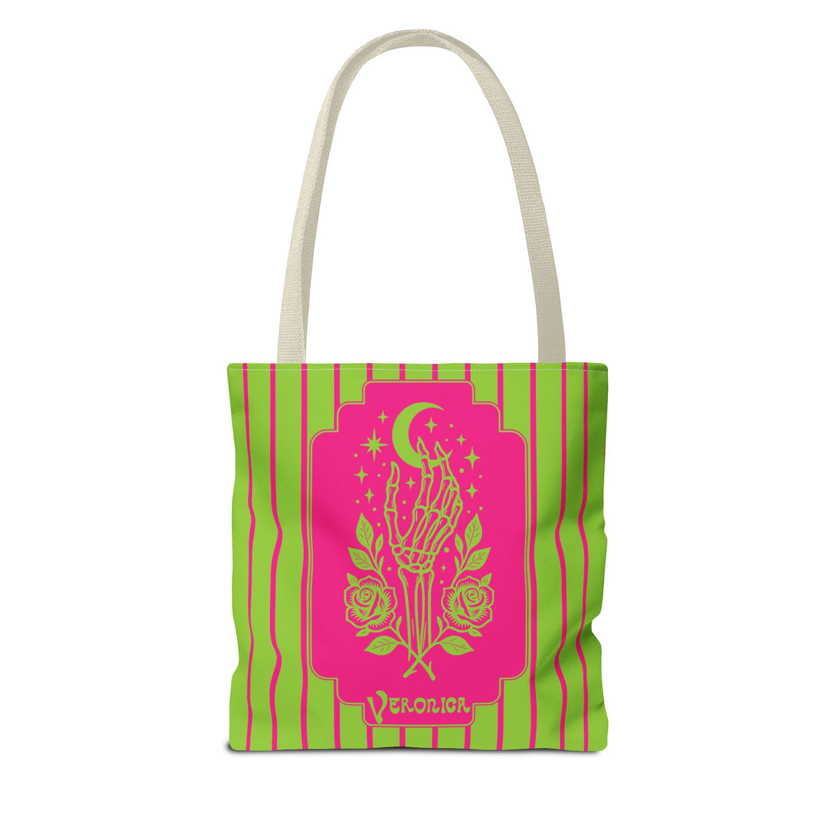 Mystic Skeletal Hand Tote Bag -Personalizable Retro Gothic Neon Moon and Roses Carryall