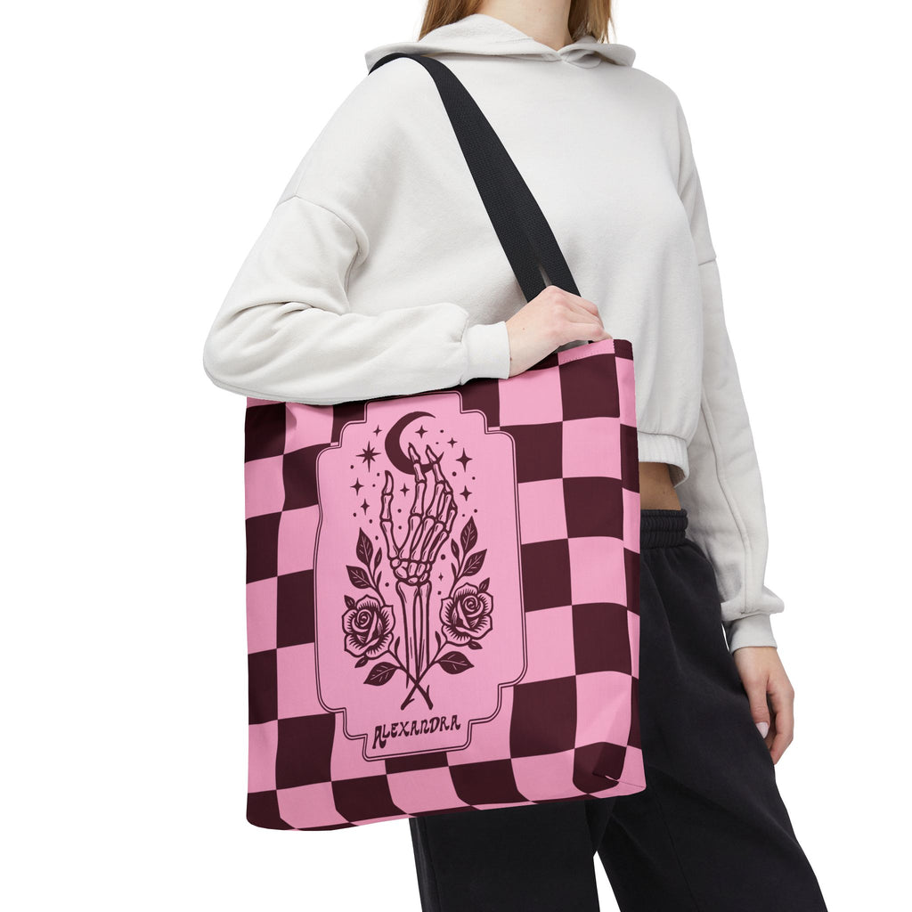 Personalizable Pink Checker Skeletal Hand Tote Bag — Gothic Moon and Roses Carryall
