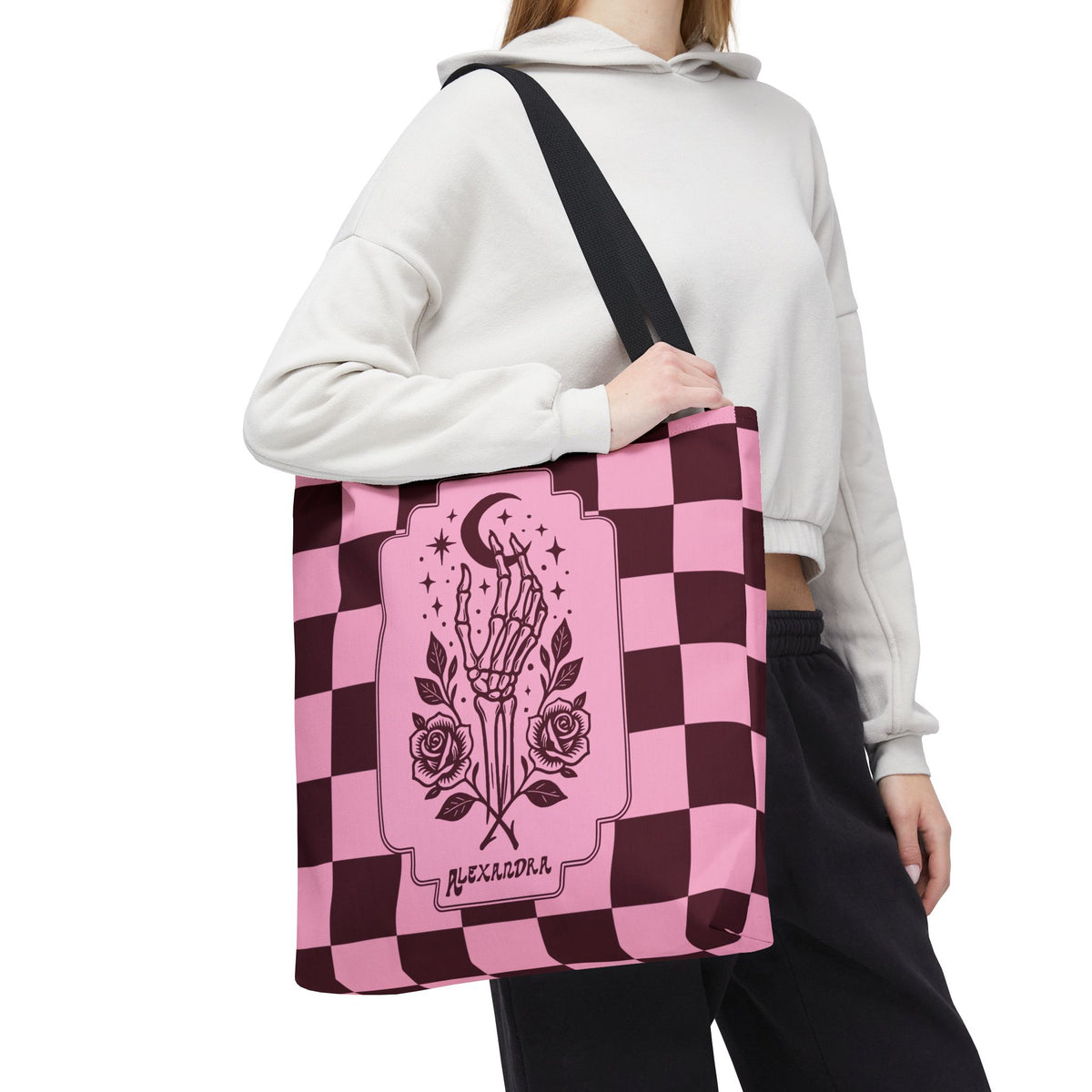 Personalizable Pink Checker Skeletal Hand Tote Bag — Gothic Moon and Roses Carryall