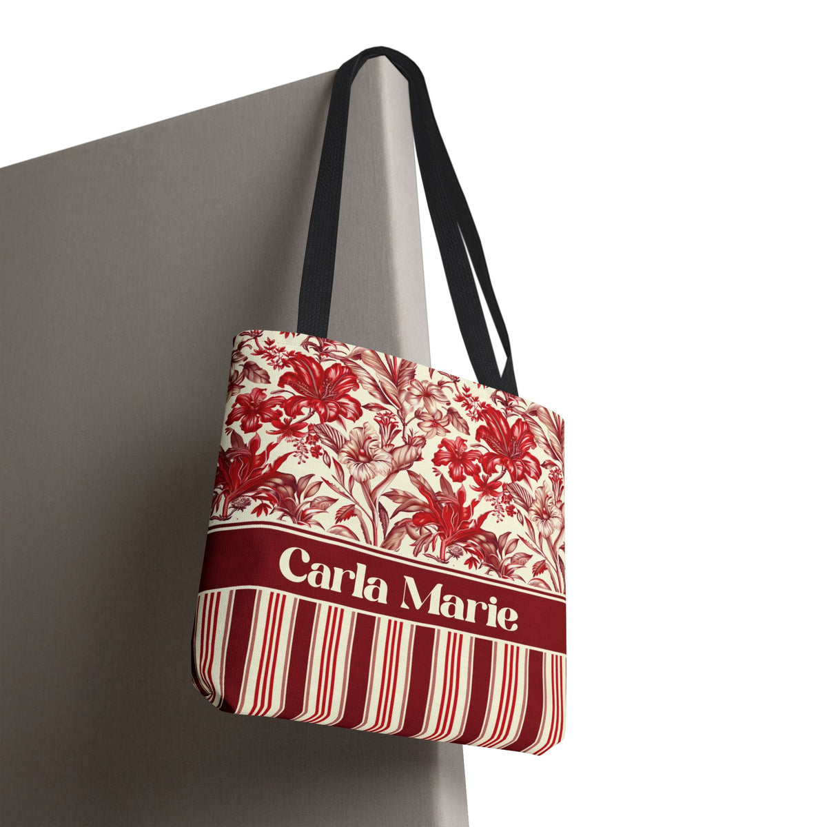 Personalizable Red Lily Tote Bag – Vintage Botanical Floral Striped Carryall
