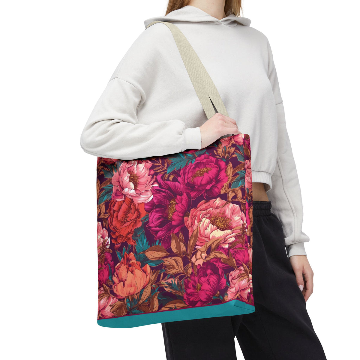 Bright Magenta and Teal Peony Tote Bag – Vintage Punk Floral Carryall