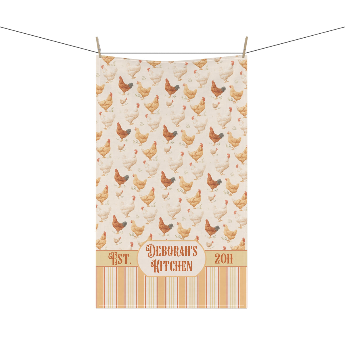 Personalized Farmhouse Chicken Striped Tea Towel - Vintage Name and Date Decorative Towel