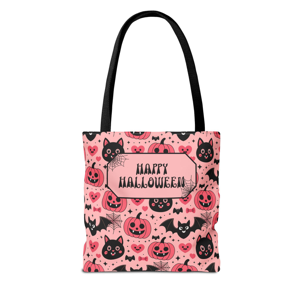 Pink Halloween Trick or Treat Bag  -Personalizable Carryall with Cute Cats, Bats and Jack-O'-Lanterns