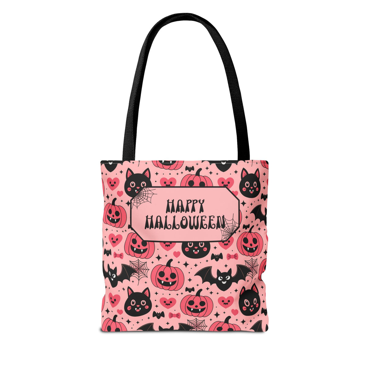 Pink Halloween Trick or Treat Bag  -Personalizable Carryall with Cute Cats, Bats and Jack-O'-Lanterns