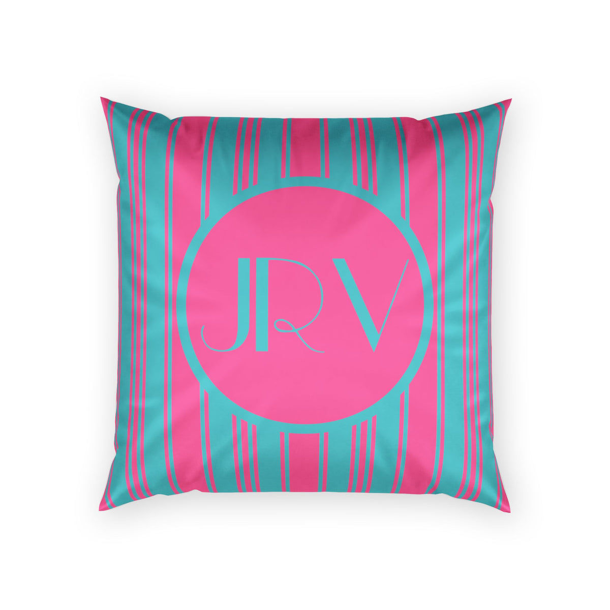 Monogram Velvet Throw Pillow - Bright Pink and Blue Ticking Stripe Decorative Pillow
