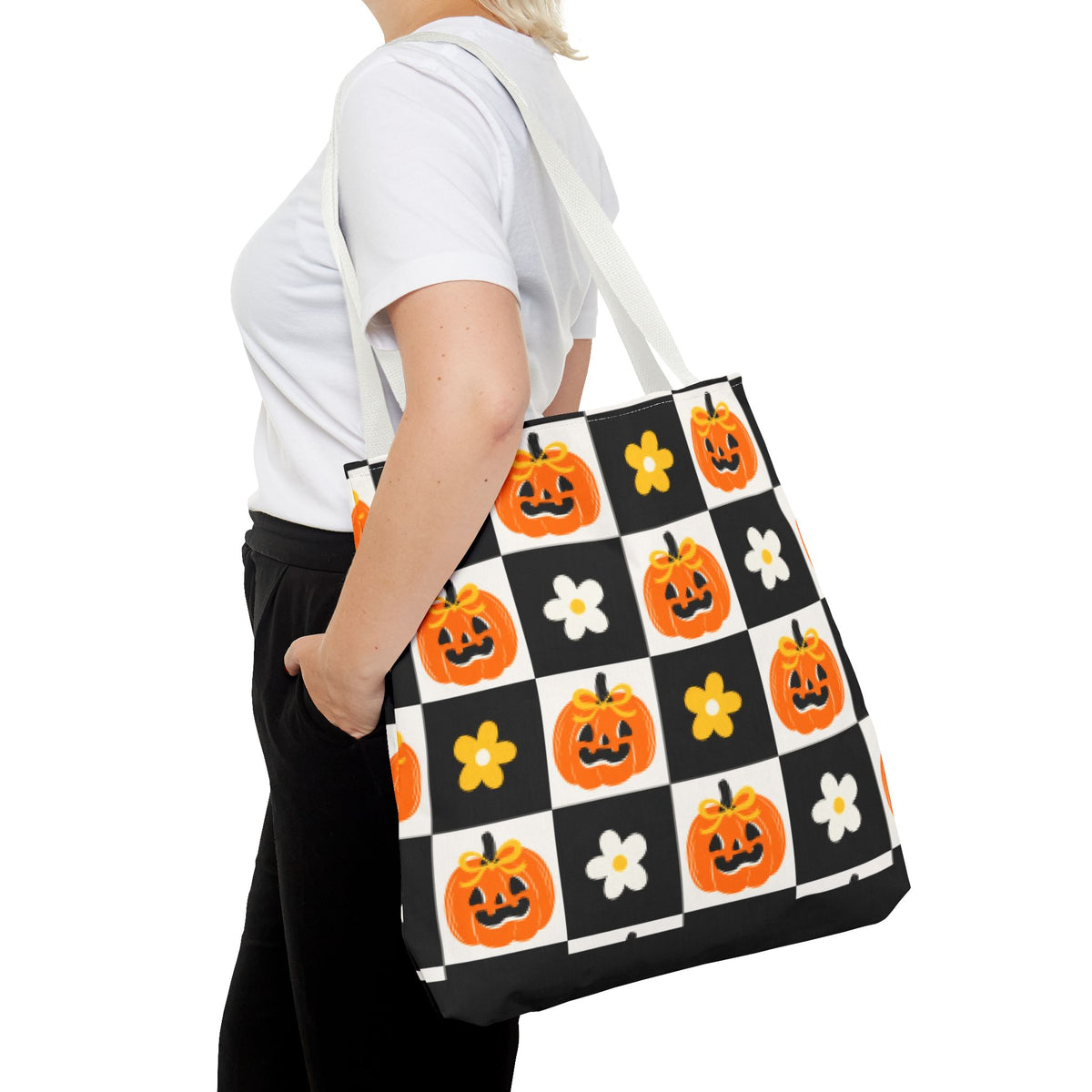 Coquette Pumpkin and Daisy Checkerboard Tote Bag - Cute Jack O Lantern Carryall