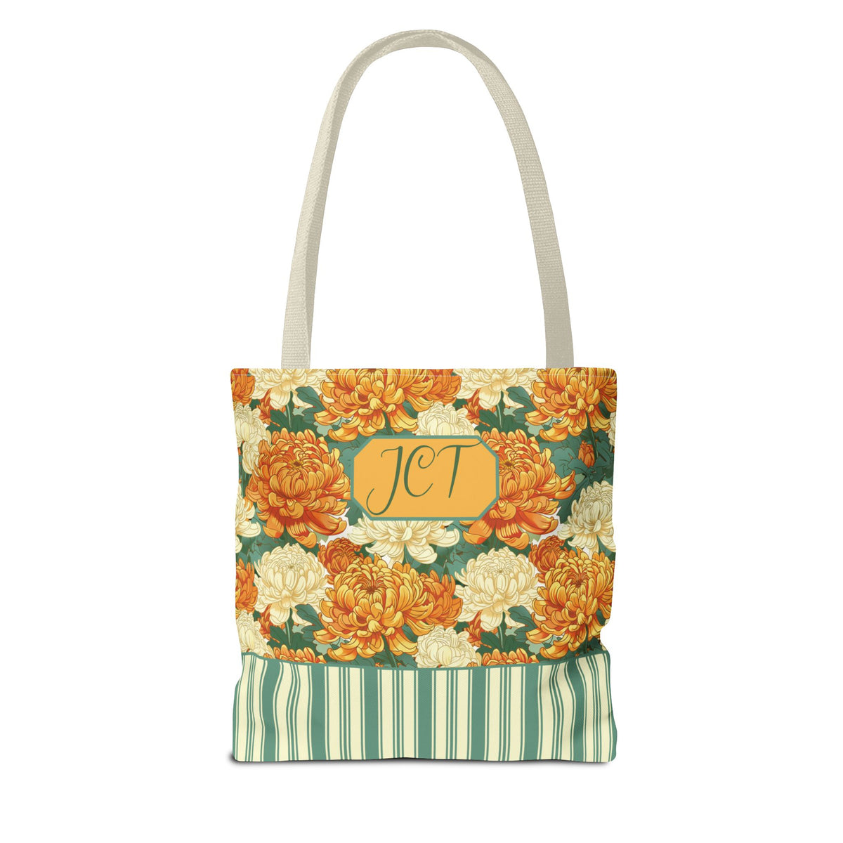 Personalizable Vintage Floral Stripe Tote Bag – Cream and Orange Chrysanthemums Tote