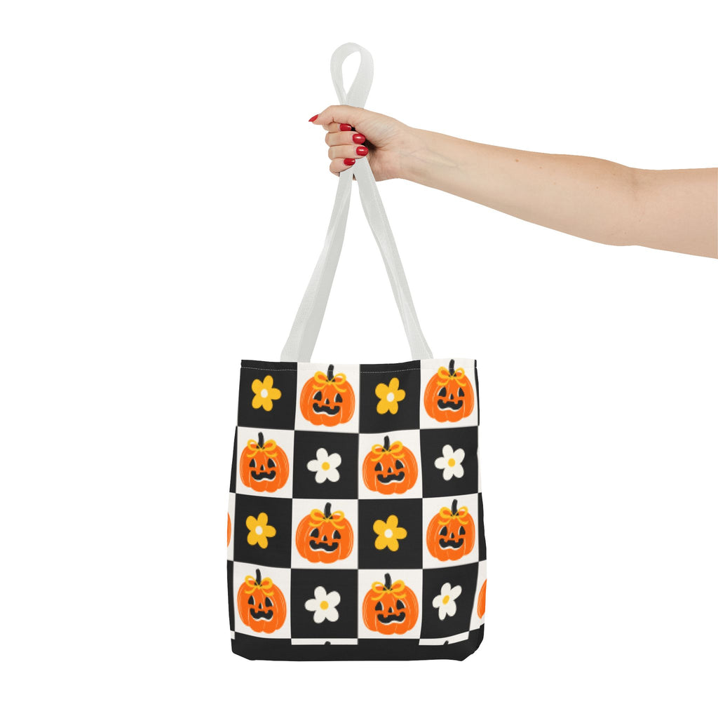 Coquette Pumpkin and Daisy Checkerboard Tote Bag - Cute Jack O Lantern Carryall
