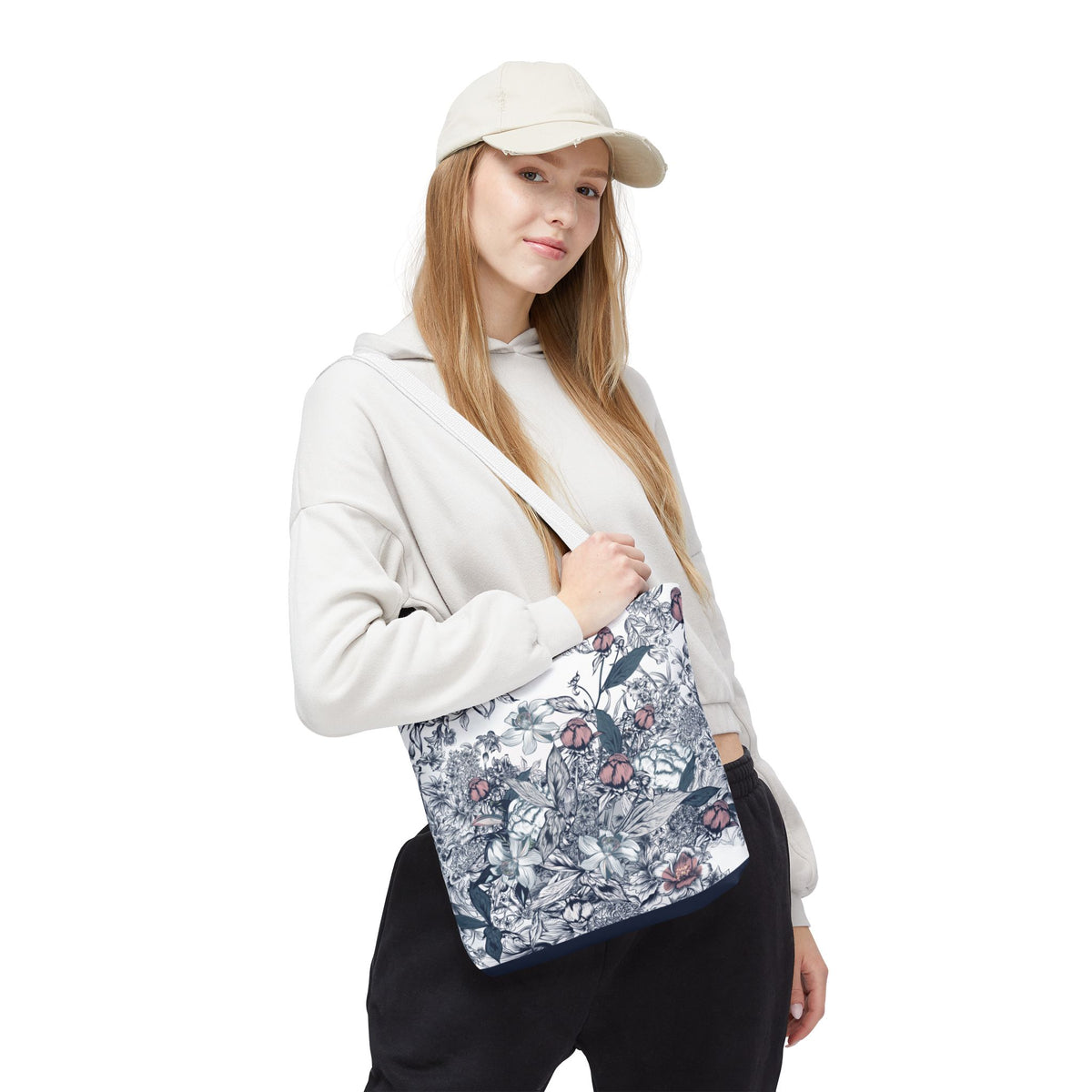 Navy and Pink Floral Sketch Tote Bag - Botanical Market Carryall