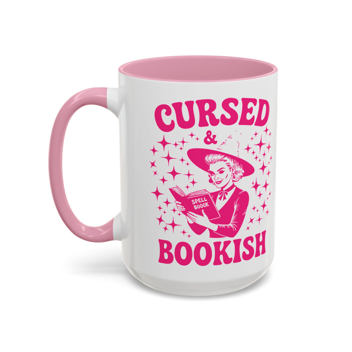 Cursed and Bookish Pink Ceramic Mug — Witchy Book Lover Coffee Cup (11oz, 15oz)