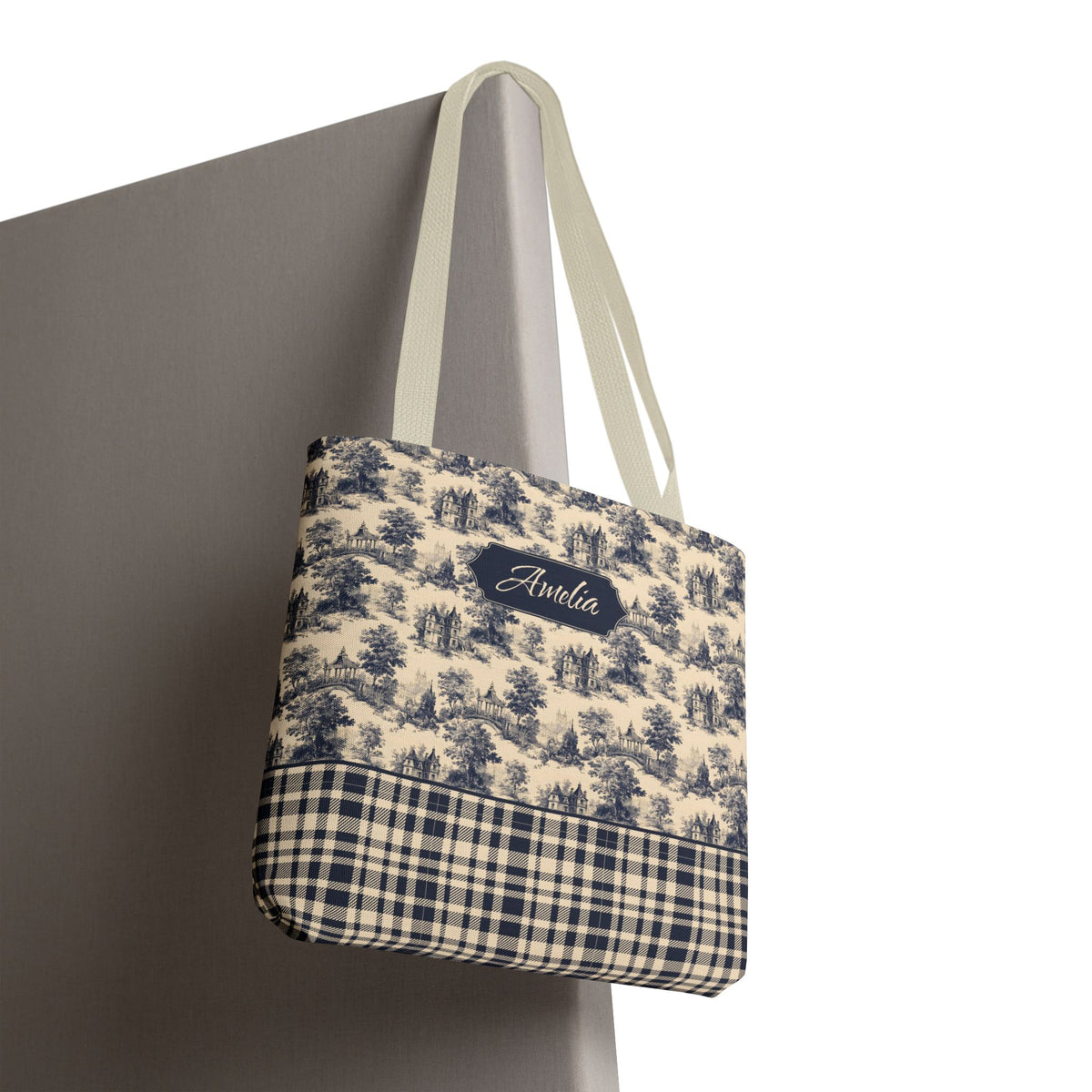 Personalizable Cottagecore Bag - Navy Toile and Plaid Tote
