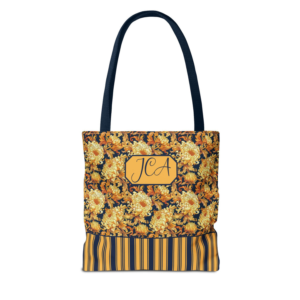 Personalizable Floral Harvest Tote Bag — Vintage Chrysanthemum Striped Tote