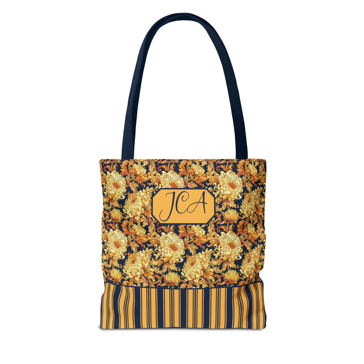 Personalizable Floral Harvest Tote Bag — Vintage Chrysanthemum Striped Tote