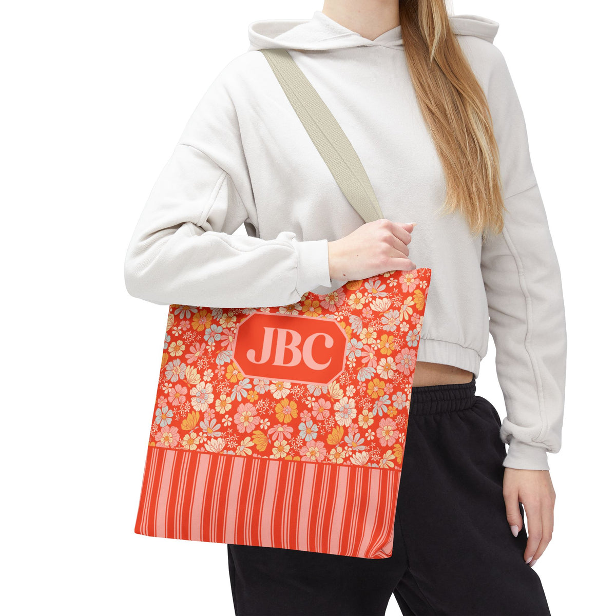 Personalizable Floral Striped Tote Bag - Orange Retro Blossom Tote