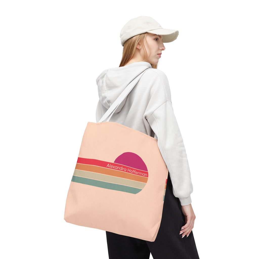 Personalizable Retro Sunset Tote Bag — Pastel Stripes Beach Vibe Carryall