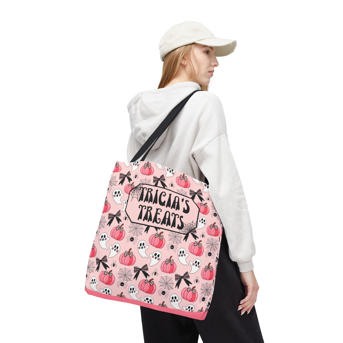 Pink Pumpkin Halloween Tote Bag - Cute Ghosts and Bows Personalizable Trick or Treat Bag