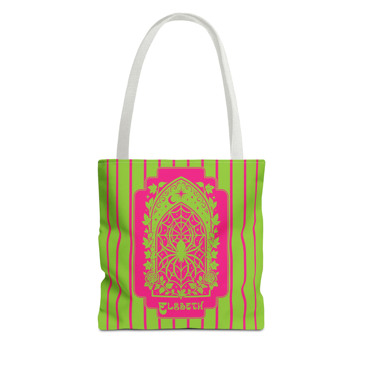Personalized Green and Pink Retro Goth Tote with Mystic Spider Stained Glass Design