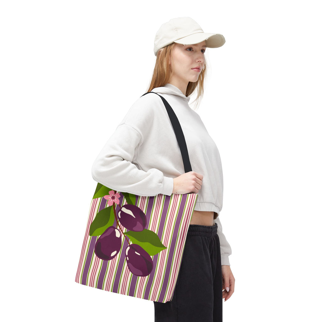 Plum Orchard Striped Tote Bag - Floral Plum Bouquet All-Over Print Tote