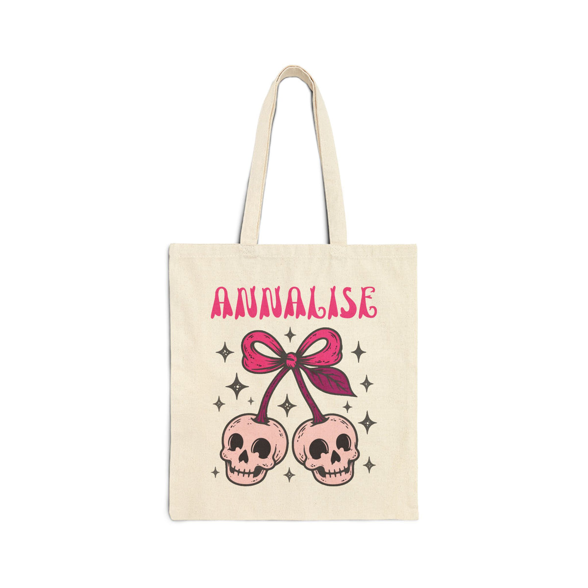 Pink Smiling Skull Cherry Bag - Personalizable Trick or Treat Canvas Tote