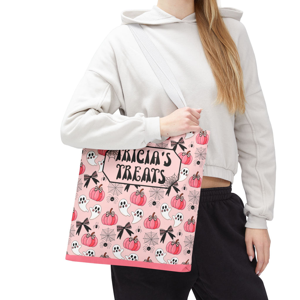 Pink Pumpkin Halloween Tote Bag - Cute Ghosts and Bows Personalizable Trick or Treat Bag