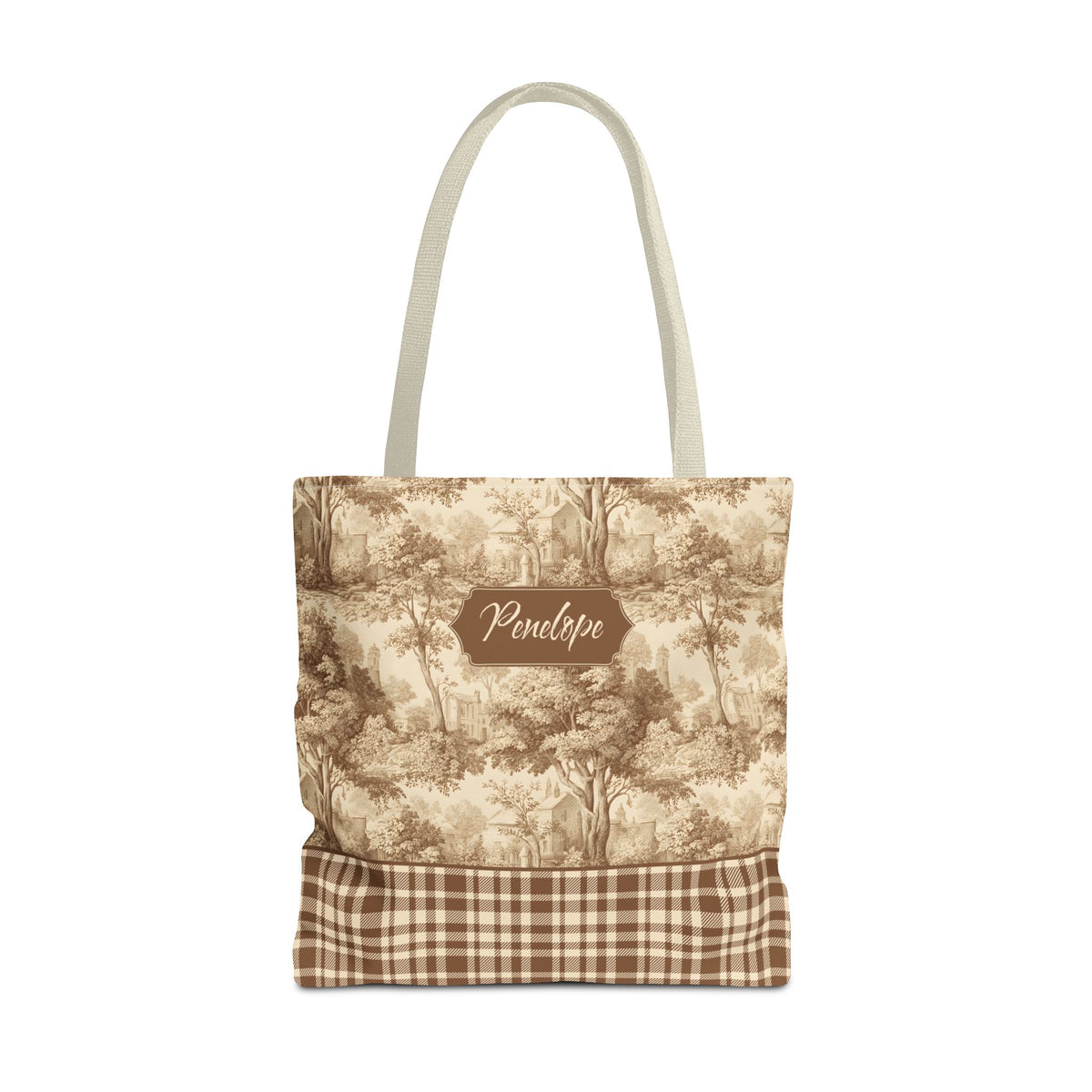 Personalized Market Tote -  Vintage Sepia Toile and Plaid Rustic Country Carryall
