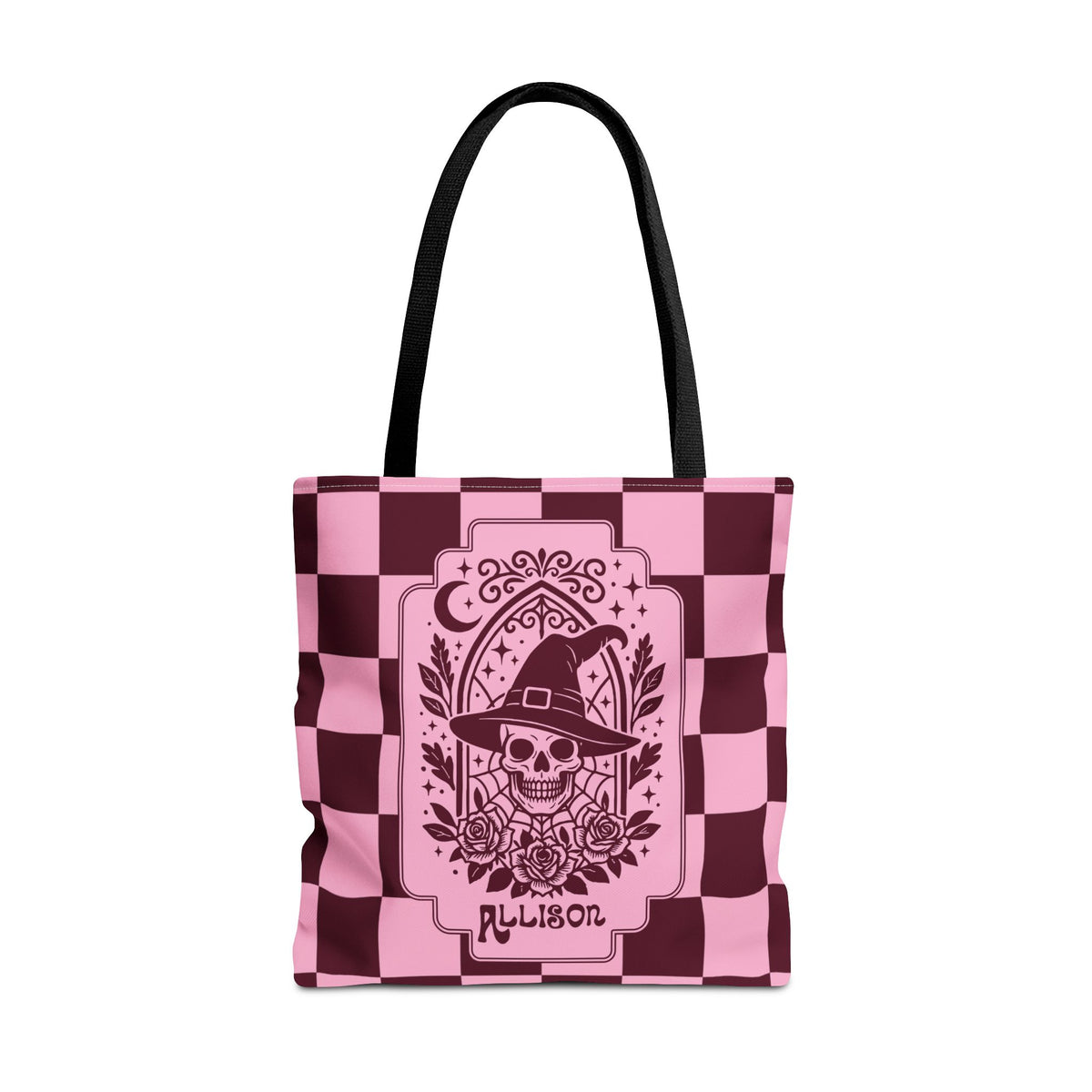 Pink Spooky Checkerboard Carryall - Gothic Witch Skull Personalizable Tote