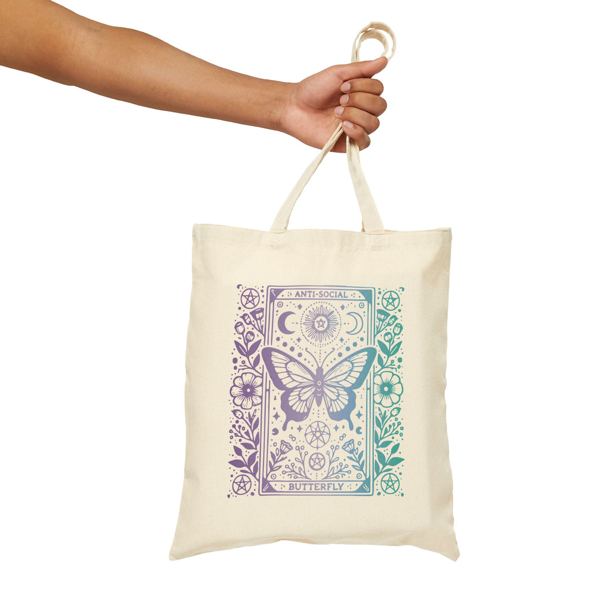Anti-Social Butterfly Tarot Canvas Tote - Purple and Blue Gradient Boho Mystic Market Bag