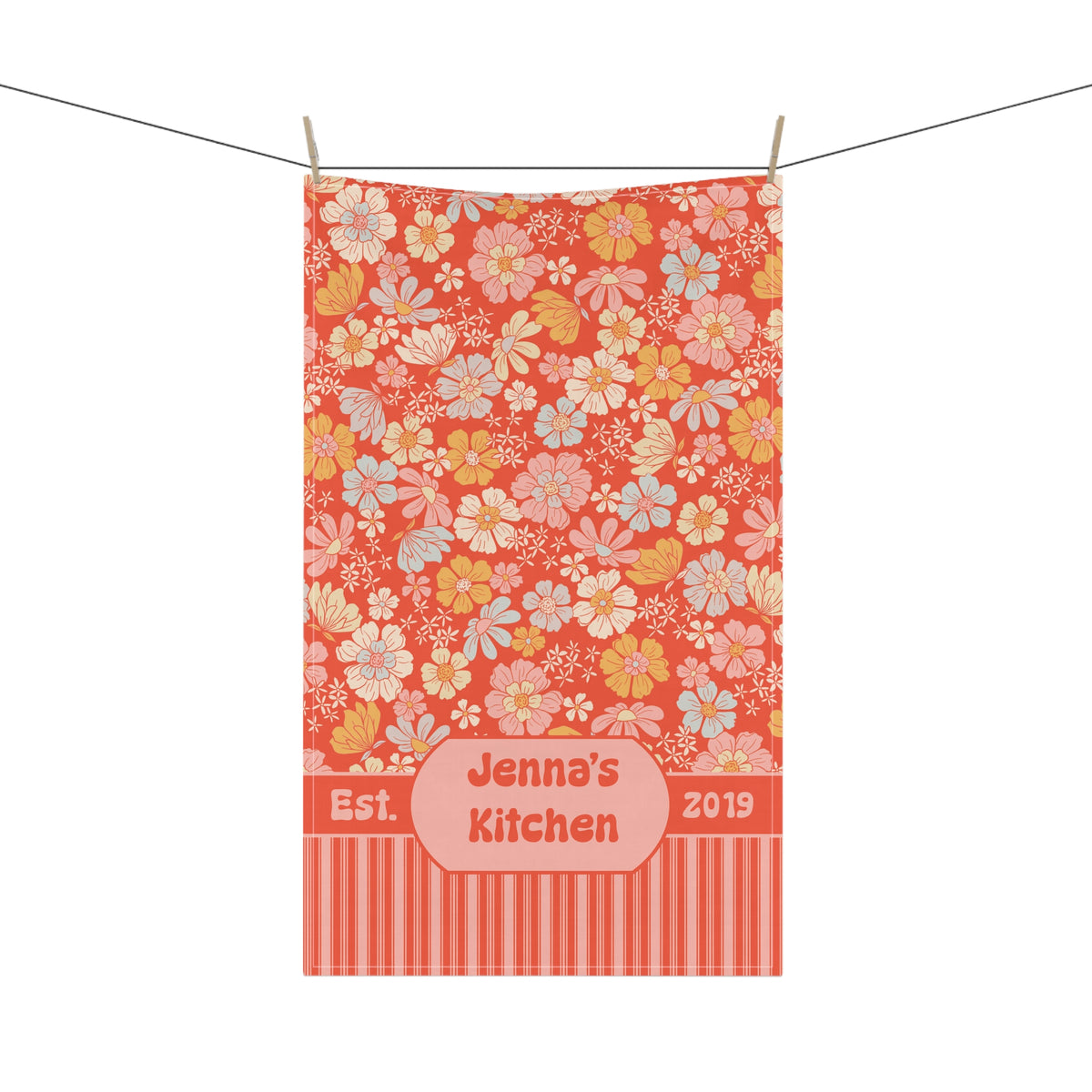 Personalizable Retro Kitchen Towel  - Orange and Pink Floral Stripe