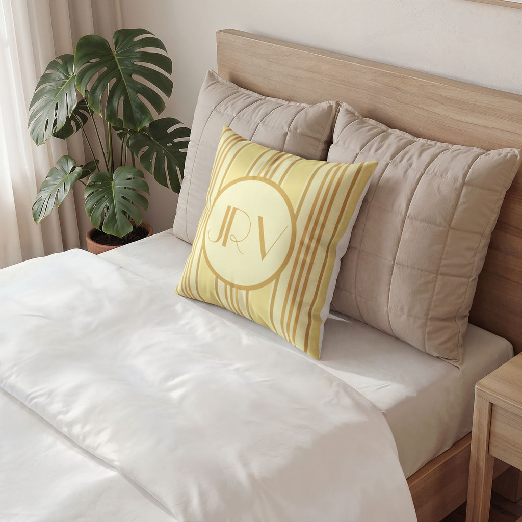 Personalizable Velvet Pillow - Butter Yellow Striped Monogram Pillow