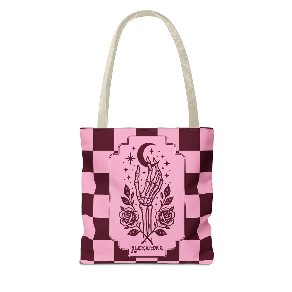 Personalizable Pink Checker Skeletal Hand Tote Bag — Gothic Moon and Roses Carryall