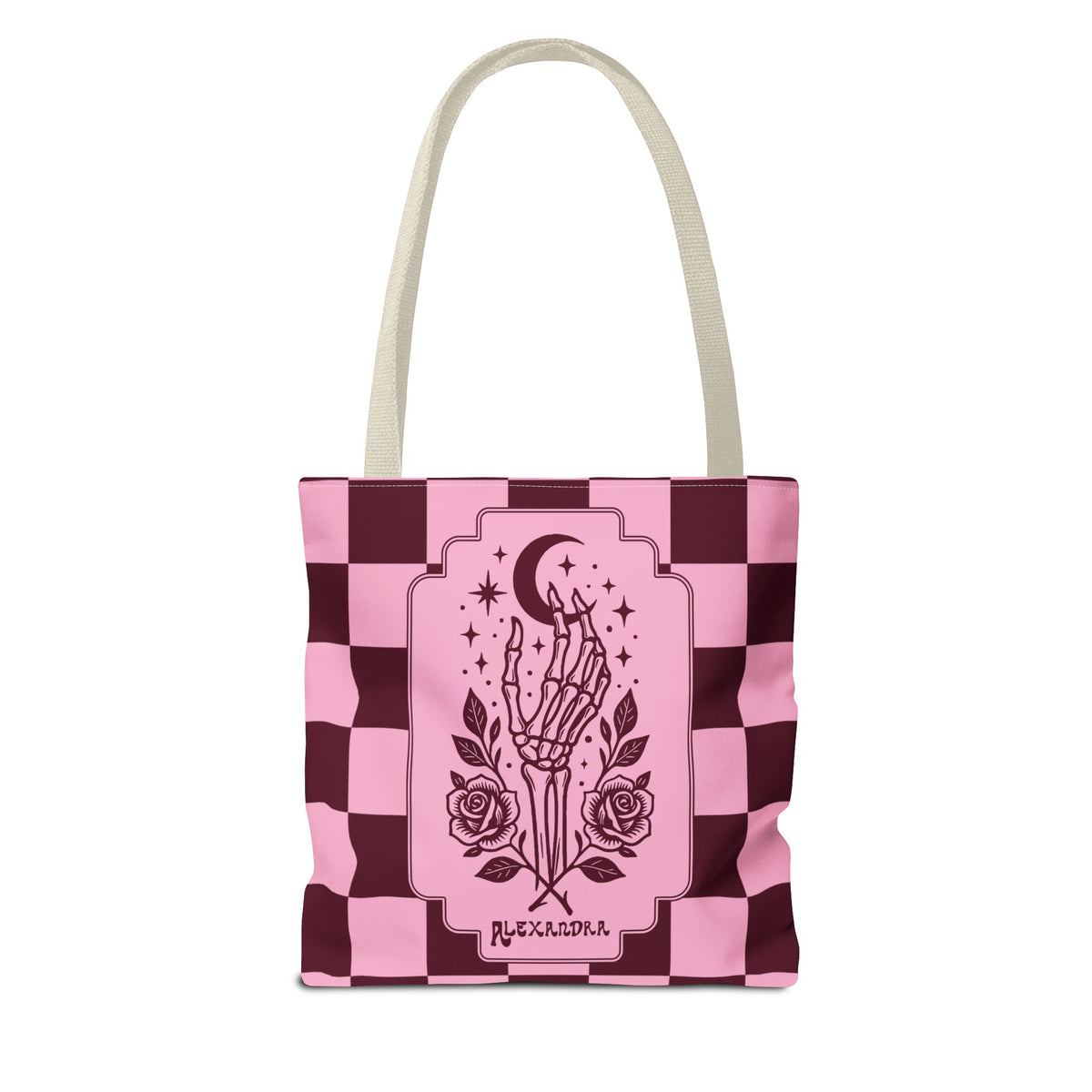 Personalizable Pink Checker Skeletal Hand Tote Bag — Gothic Moon and Roses Carryall