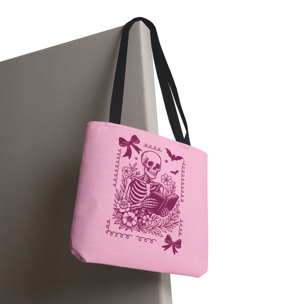 Floral Pink Reading Skeleton Tote Bag  - Cute Gothic Booklover Tote