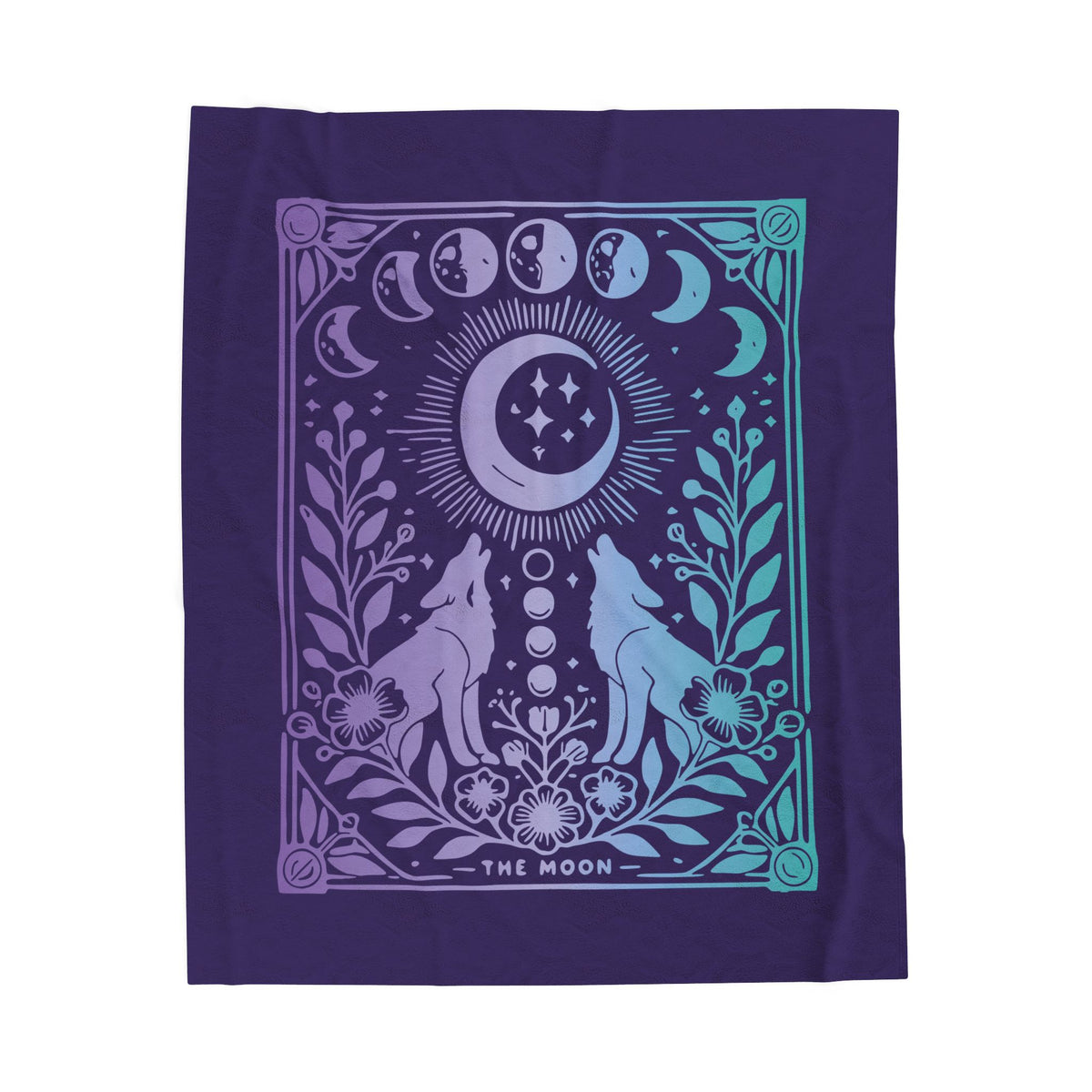 Celestial Moon Phases Blanket - Mystical Wolf and Moonlight Tarot Velveteen Plush Throw