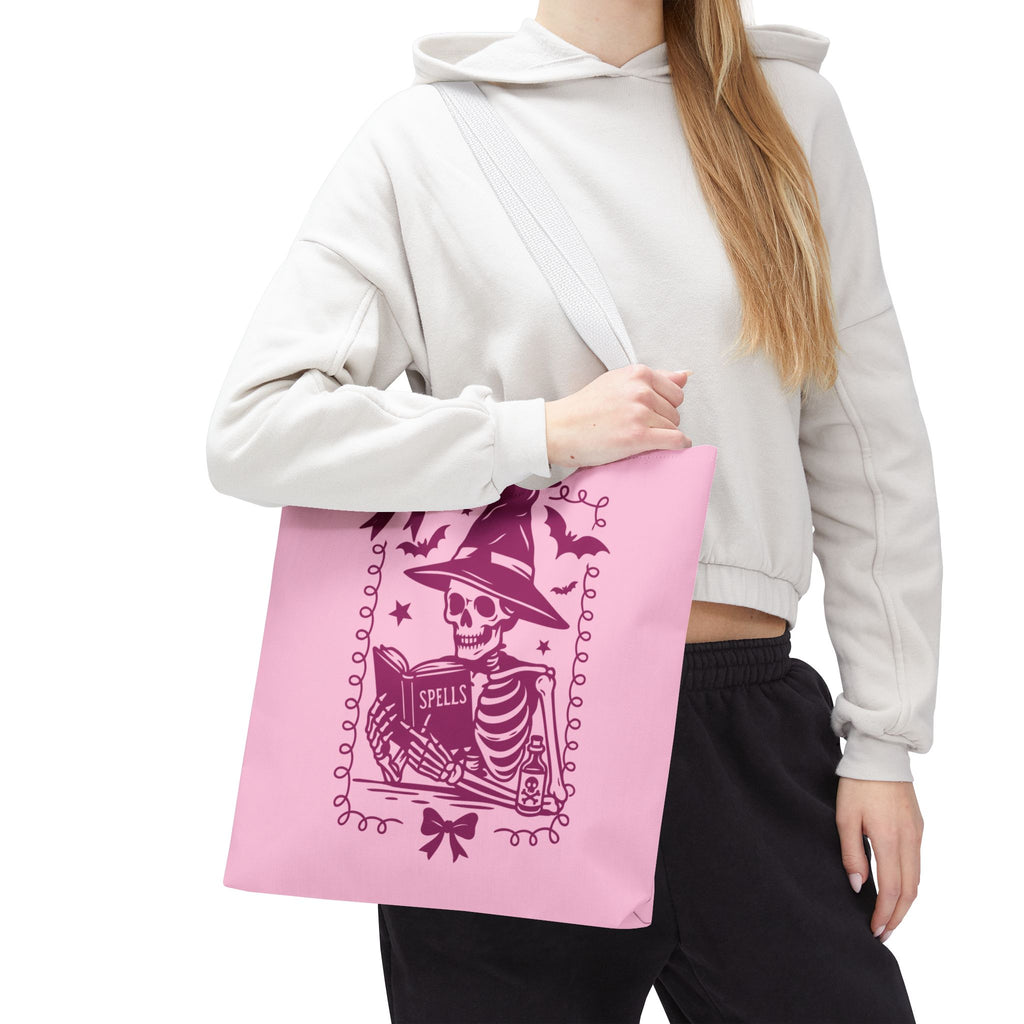 Pink Reading Witch Skeleton Tote Bag — Cute Coquette Frame Halloween Tote