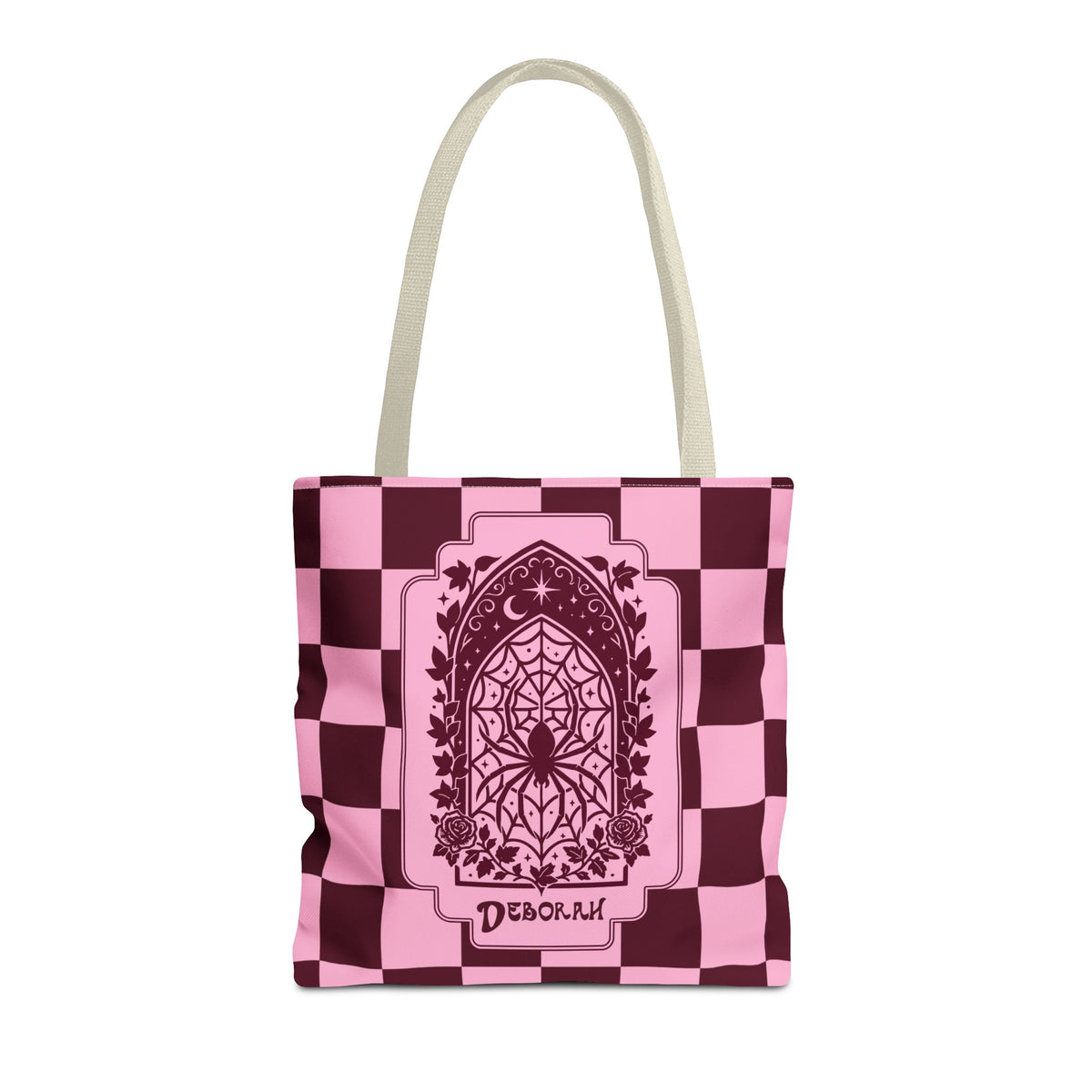 Personalizable Pink and Burgundy Retro Goth Tote with Mystic Spider Stained Glass Design